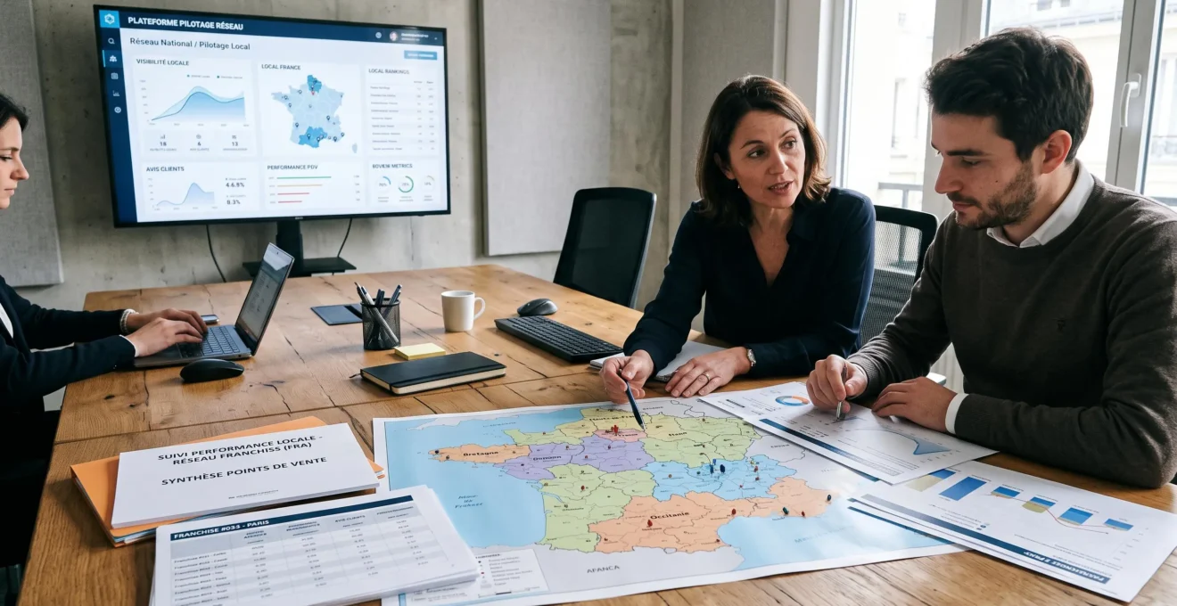 Vue éditoriale d'une carte de réseau de franchises et de fiches locales à contrôler.